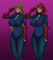  blonde_hair clothed dollification empty_eyes erect_nipples female_only femsub fingerless_gloves glowing_eyes hair_ornament huge_breasts leotard multiple_girls multiple_subs mythra_(xenoblade) navel nintendo pink_eyes pyra_(xenoblade) red_hair saluting shadaloo_dolls standing standing_at_attention tie wide_hips xenoblade_chronicles xenoblade_chronicles_2 