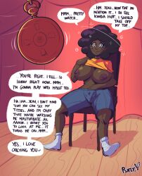 afro black_hair breasts dark_skin dialogue female_only femsub happy_trance hope_(hypnolordx) large_breasts masturbation nipples pendulum pocket_watch pov psyfly shorts socks spiral_eyes spiralwash_eyes stage_hypnosis text topless undressing