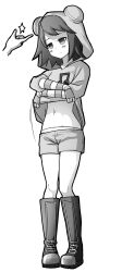 absurdres boots capcom empty_eyes etlabsotwe expressionless female_only femsub finger_snap greyscale hoodie megaman_(series) megaman_star_force midriff navel open_mouth panties pendulum pocket_watch shorts sonia_strumm underwear undressing