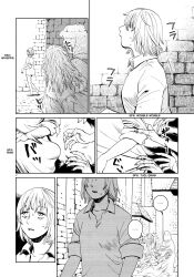 barefoot blonde_hair comic delicious_in_dungeon femsub monochrome pajamas short_hair text translated