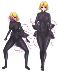  absurdres amigurumi ashley_graham blonde_hair body_markings bodysuit breasts breath cameltoe capcom censored corruption empty_eyes erect_nipples_under_clothes eyeshadow face_paint female_only femsub happy_trance japanese_text latex multiple_views navel_piercing parasite pussy_juice red_eyes resident_evil resident_evil_4 rubber short_hair simple_background smile solo spread_legs standing tentacle_in_mouth tentacles text tight_clothing white_background 