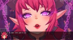  androgynous_sub candle chains dialogue elatedowl elf_ears english_text femdom hypnotic_eyes lilith_(lilith_awakens) lilith_awakens lipstick looking_at_viewer makeup mental_chains pov pov_sub red_hair short_hair spiral_eyes succubus tagme text 