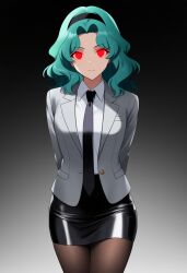 ai_art arms_behind_back corruption cx9000_(generator) evil_smile eyebrows_visible_through_hair female_only femsub glowing_eyes gradient_background green_hair pantyhose red_eyes sailor_moon_(series) sailor_neptune simple_background smile solo tie