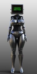 3d breasts collar female_only fembot femsub graybot high_heels large_breasts original robot solo tech_control tellie_(theheckle) text theheckle