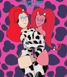  blue_eyes bow breasts cartoon_network cow_print female_only femsub foster&#039;s_home_for_imaginary_friends frankie_foster headphones hug hypnotic_audio latex leotard long_hair multiple_girls multiple_subs nemesister opera_gloves pink_hair pink_skin red_hair smile spiral_eyes symmetrical_docking tech_control temperancedraws 