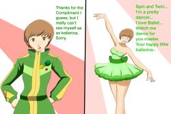 absurdres ballerina before_and_after breasts brown_eyes brown_hair chie_satonaka cleavage dancer dancing denial dialogue dress female_only feminization femsub happy_trance large_breasts persona_(series) persona_4 smile spiral_eyes syas-nomis symbol_in_eyes text tomboy
