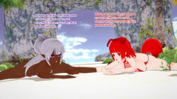 3d bangs beach bikini bikini_bottom bikini_top dark_skin dog_girl elf elf_ears empty_eyes english_text femsub grey_hair hypnovember long_hair mantra multiple_girls multiple_subs open_mouth pink_eyes red_eyes red_hair short_hair sideboob sonrio12 tail text