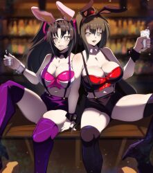 absurdres black_hair boots breasts bunny_ears bunny_girl bunnysuit cleavage crossover cuffs fake_animal_ears female_only femsub happy_trance high_heels high_school_dxd kore_wa_zombie_desu_ka? large_breasts licking_lips long_hair midriff milk navel orphen serafall_leviathan seraphim_(korezom) spiral_eyes suspenders symbol_in_eyes thigh_boots twintails