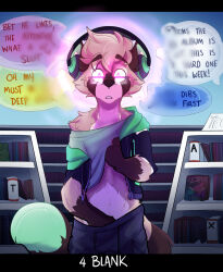  cassthesquid dialogue exhibitionism expressionless furry glasses glowing_eyes headphones hypnotic_audio hypnotic_music jacket male_only malesub masturbation navel open_mouth original pants raccoon_boy shirt shirt_lift short_hair speech_bubble standing story text unaware undressing 
