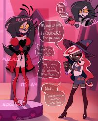  aphrodisiac before_and_after camera chastity comic dialogue dollification english_text exhibitionism femdom femsub happy_trance hazbin_hotel heart_eyes posing potion pussy_juice sludgebin sweat velvette_(hazbin_hotel) 