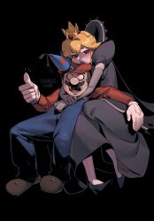  alternate_costume black_background blonde_hair blush clothed doopliss dress drool eye_color_change eyeshadow femdom femsub gloves hat high_heels hug lipstick looking_at_viewer makeup maledom malesub mario mustache nintendo open_mouth paper_mario paper_mario:_the_thousand_year_door possession princess_peach queen red_eyes ring_eyes shadow_queen shoes short_hair simple_background ssuregigame sub_on_sub super_mario_bros. whitewash_eyes 