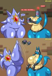 al_gx ass bucket_helmet dialogue femsub furry huge_ass hypnotic_ass large_breasts lucario mega_starmie nintendo pokemon purple_skin spiral starmie text wide_hips