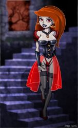 alternate_color_scheme alternate_costume black_lipstick corruption corset disney evil_smile fangs femsub goth happy_trance high_heels kim_possible kim_possible_(series) lipstick long_hair red_eyes red_hair smile solo thighhighs vampire western