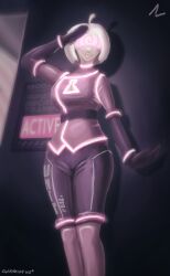 absurdres al__ cleavage clothed female_only femsub happy_trance huge_breasts hypnotic_accessory latex looking_at_viewer opera_gloves robotization saluting short_hair solo spiral standing_at_attention tech_control uniform visor white_hair wide_hips