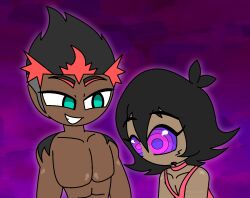 abs aged_up ahoge alternate_costume ash_ketchum bare_shoulders choker collarbone dark_skin drool eyebrows_visible_through_hair eyelashes facial_markings green_eyes hypnoscream kiawe leaning_forward male_only maledom malesub multicolored_eyes multicolored_hair nintendo pokemon pokemon_(anime) purple_background ring_eyes shiny_skin short_hair simple_background smirk tank_top tattoo topless yaoi