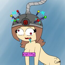 antenna body_writing bottomless breasts brown_hair censored drool female_only femsub helmet large_breasts leaning_forward nude open_mouth red_eyes shyker simple_background solo soropin spiral spiral_eyes symbol_in_eyes tech_control text topless unfocused_eyes wall_eyed