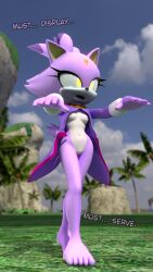 3d bare_legs beach blaze_the_cat breasts caption cat_girl expressionless feet female_only femsub furry glowing nipples open_clothes open_mouth outdoors ponytail purple_hair purple_skin pussy solo sonic_the_hedgehog_(series) spiral spiral_eyes spiralrose23 tech_control text yellow_eyes