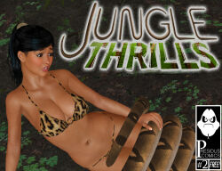 3d aged_up bikini black_hair breasts brown_eyes cleavage coils comic cover dark_skin dead_source disney eyelashes jungle kaa large_breasts navel outdoors ponytail presidus restrained scrunchie shanti surprised text the_jungle_book
