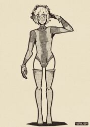  4five1 bodysuit bulge male_only malesub original saluting short_hair simple_background spiral_eyes standing_at_attention thighhighs visor 