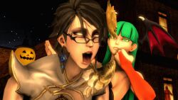  3d ahegao amateurthrowaway animated animated_gif bayonetta bayonetta_(series) black_hair breasts capcom cleavage clothed darkstalkers dazed demon_girl earrings female_only femdom femsub glasses glowing glowing_eyes green_hair happy_trance jewelry large_breasts long_hair monster_girl morrigan_aensland open_mouth short_hair smile source_filmmaker spanking succubus tongue tongue_out whitewash_eyes yuri 