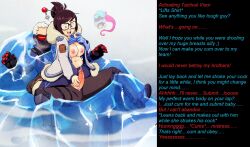 bracelet breasts brown_eyes brown_hair caption caption_only clothed_exposure cum dialogue enemy_conversion femdom glasses hair_buns hair_ornament handjob huge_breasts hypnotic_breasts jewelry large_breasts malesub manip mei_(overwatch) my_pet_tentacle_monster open_clothes overwatch penis shirt_lift soldier_76 text