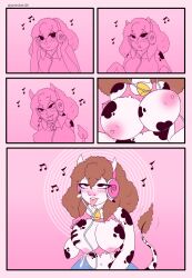 black_eyes blush breasts brown_hair character_request clothed clothed_exposure comic cow_girl cow_print cowbell curly_hair drool female_only femsub headphones horns hypnotic_audio lactation masturbation milk music nipples simple_background spiral tail tongue tongue_out torn_clothes transformation yumiiart