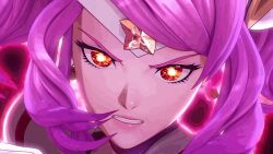 3d alternate_costume alternate_hair_color alternate_hairstyle angry animated animated_gif clothed female_only femdom glowing glowing_eyes headband hypnotic_eyes league_of_legends lipstick long_hair looking_at_viewer lux_(league_of_legends) purple_hair solo trauerklos_(manipper)