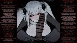 ai_art black_background black_sclera caption caption_only censored character_request copyright_request english_text erection femdom hypnotic_voice long_hair looking_at_viewer magma male_pov malesub moth_girl penis pov_sub red_eyes seductive_smile simple_background smile stewarone_(manipper) text twintails white_hair