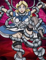  absurdres alice alice_in_wonderland blonde_hair brain_injection breasts collar dazed disney dress female_only femsub groping happy_trance high_heels large_breasts long_hair mechanical_arm pussy pussy_juice sex smile solo tech_control tentacle_sex tentacles thighhighs vaginal zorro-zero 