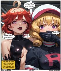  ai_art blonde_hair devianbar dialogue domino_(pokemon) empty_eyes femsub happy_trance large_breasts latex long_hair mela_(pokemon) nintendo pokemon red_hair short_hair team_hypno team_rocket text 