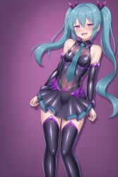  ai_art aiartd_(generator) alternate_costume arm_warmers bare_shoulders blue_eyes blush breasts cyan_hair empty_eyes female_only femsub happy_trance high_heels looking_at_viewer miku_hatsune miniskirt navel purple_background purple_eyes rubber see-through simple_background skirt small_breasts smile solo standing thigh_boots thighhighs tie twintails vocaloid 