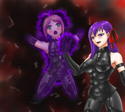  ahoge alternate_costume artoria_pendragon aura blonde_hair blush bodysuit breasts brown_hair cleavage clothed corruption erect_nipples_under_clothes evil_smile eye_color_change fate/stay_night fate_(series) female_only femsub gloves glowing_eyes green_eyes hair_color_change hair_ribbon happy_trance hypnotic_magic hypnotized_hypnotist leebigtree long_hair magic multicolored_hair open_mouth opera_gloves purple_hair restrained saber sakura_matou short_hair 