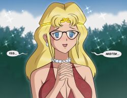  aurora_(jabberwocky) bare_shoulders blonde_hair blush cleavage earrings femsub glasses happy_trance headband hypnotic_accessory inuyasha_(series) jewelry long_hair love necklace open_mouth original polmanning smile stepfordization 
