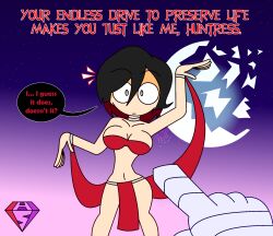  alternate_costume anakaris bare_legs bare_shoulders black_hair breasts capcom cleavage crossover dancer dancing darkstalkers dialogue egyptian english_text femsub harem_outfit hypnoscream large_breasts legs male_pov maledom midriff multicolored_hair navel no_panties pov pov_dom red_hair ruby_rose rwby short_hair shrunken_irises speech_bubble story surprised text thighs 