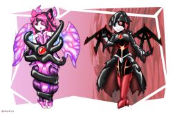 before_and_after black_eyes black_sclera clothed corruption doll eye_color_change femsub hair_color_change happy_trance high_heels latex original parasite pink_eyes pink_hair possession red_eyes red_hair slit_pupils smile spyralpyra transformation wings