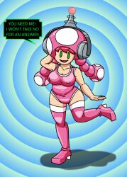  absurdres antenna chubby collarbone dialogue erect_nipples_under_clothes female_only fembot femsub green_eyes hand_on_head headphones high_heels latex leotard mushroom_girl nintendo pink_hair posing robotization smile solo speech_bubble spiral spiral_background spiral_eyes spiralwash_eyes standing super_mario_bros. super_mario_bros._wonder supertechno324 swimsuit tech_control text thigh_boots thighhighs toadette twintails 
