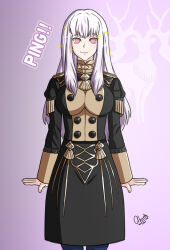  alerith empty_eyes female_only femsub fire_emblem fire_emblem_three_houses happy_trance large_breasts lysithea_von_ordelia ping pink_eyes school_uniform smile solo sparkle text white_hair 