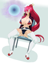  abs absurdres belt bikini_top blush boots breasts chair cleavage collarbone empty_eyes expressionless female_only femsub gurren_lagann hairpin huge_breasts hypnotic_orb jacket karuro-kun large_breasts navel open_mouth ponytail red_hair short_shorts shorts simple_background sitting spread_legs thigh_boots very_long_hair yellow_eyes yoko_littner 