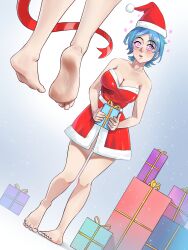 absurdres barefoot blue_hair blush breasts character_request christmas copyright_request dress drool feet female_only femsub foot_focus glatu hat large_breasts nail_polish open_mouth ring_eyes santa_costume santa_hat solo symbol_in_eyes