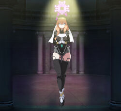 absurdres animal_ears bitamin blue_archive blue_eyes complex_background empty_eyes expressionless eyebrows_visible_through_hair female_only femsub gloves glowing halo long_hair mari_(blue_archive) nun orange_hair prosthetic_limb robotization shoes solo tech_control thigh_gap thighs veil