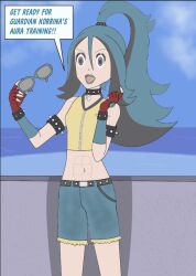 blue_lipstick body_swap fingerless_gloves glowing_eyes korrina leather lucario makeup midriff multicolored_hair pokemon pokemon_(creature) studded_collar sunglasses