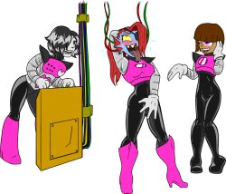  androgynous brain_injection breasts drool eyepatch femsub frisk_(undertale) happy_trance large_breasts mettaton open_mouth robot shennanigma short_hair smile straight-cut_bangs tech_control undertale undyne_(undertale) 