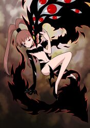  absurdres aura bandai_namco bare_legs brown_hair corruption digimon digimon_xros_wars expressionless eye_color_change femsub fusion high_heels kakudrawmon legs levitation long_hair multiple_eyes navel nene_amano ponytail possession red_eyes ring_eyes shademon small_breasts 