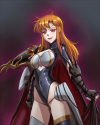 alternate_costume aura breasts cape chris_(langrisser) cleavage corruption evil_smile female_only femsub fingerless_gloves gauntlets gloves glowing happy_trance langrisser leebigtree leotard long_hair looking_at_viewer navel orange_hair red_eyes slit_pupils smile thighhighs thighs