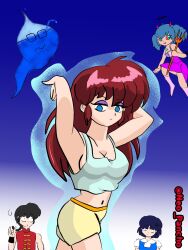 akane_tendo alternate_costume alternate_hairstyle arms_above_head aura black_hair blue_background blue_eyes breasts character_request clothed corruption demon_girl dual_persona empty_eyes expressionless eye_color_change eyeshadow femsub floating glasses halo horns makeup midriff navel neopancho open_mouth ranma_1/2 ranma_saotome red_hair red_sclera short_hair shorts shrunken_irises simple_background succubus surprised sweat tail thighs