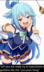 ai_art aqua_(konosuba) blue_hair kono_subarashii_sekai_ni_shukufuku_wo! pendulum smile text