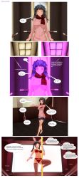  3d absurdres black_hair breasts bunny_girl comic custom_maid_3d_2 dialogue drool empty_eyes expressionless female_only femsub glowing_eyes happy_trance hypnolordx mantra original pink_eyes pole_dancing scarf shorts sweater text twintails zombie_walk 