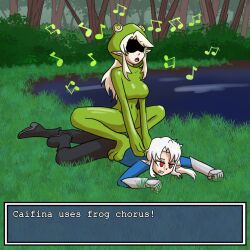  blonde_hair bodysuit boots breasts complex_background elf_ears empty_eyes english_text female_only femdom femsub frog frog_girl gameplay_mechanics gauntlets high_heels hypnotic_music hypnotized_hypnotist long_hair multiple_girls mythkaz navel no_eyes original outdoors red_eyes restrained spread_legs squatting text tight_clothing white_hair 