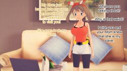 ash_ketchum aware blue_eyes brown_hair clothed couch dialogue english_text may mustardsauce pillow pokemon pokemon_(anime) text