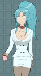  blue_eyes botan breasts cleavage collar earrings empty_eyes expressionless femsub glowing hy2300 hypnotic_accessory jacket large_breasts long_hair office_lady pantyhose ponytail red_eyes shrunken_irises simple_background skirt standing standing_at_attention tech_control yu_yu_hakusho 